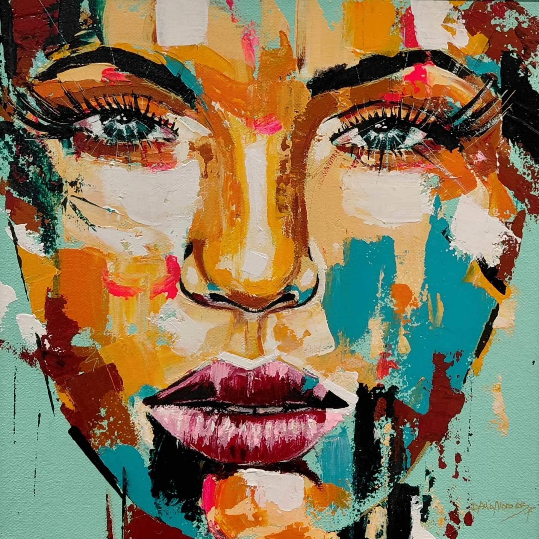 Portrait de femme 1, Acrylique au couteau et au pinceau, aérographe sur toile, par David Norocos