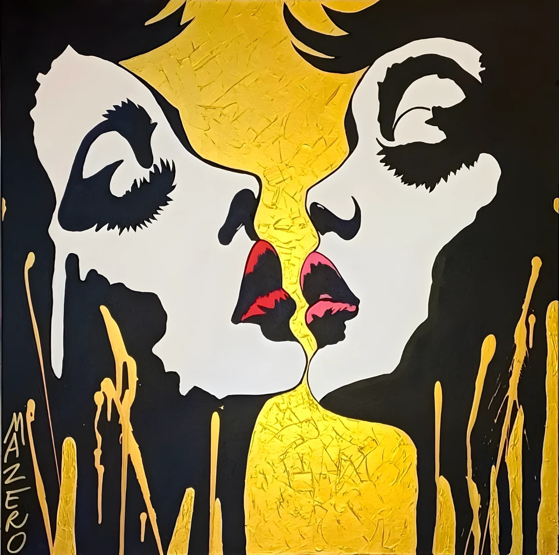 Le Baiser، أكريليك وورق ذهب على قماش، من إبداع Mazero