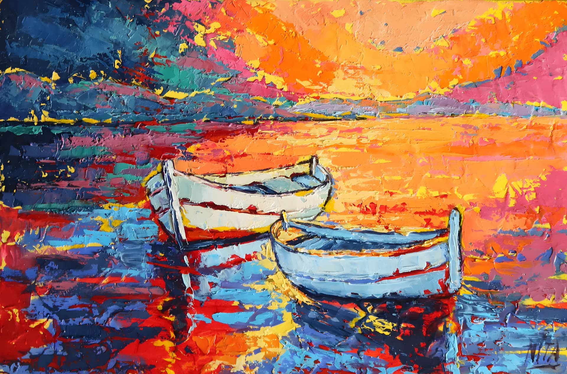 Barques au couchant, Huile au couteau sur toile, par Nita Bertaudière