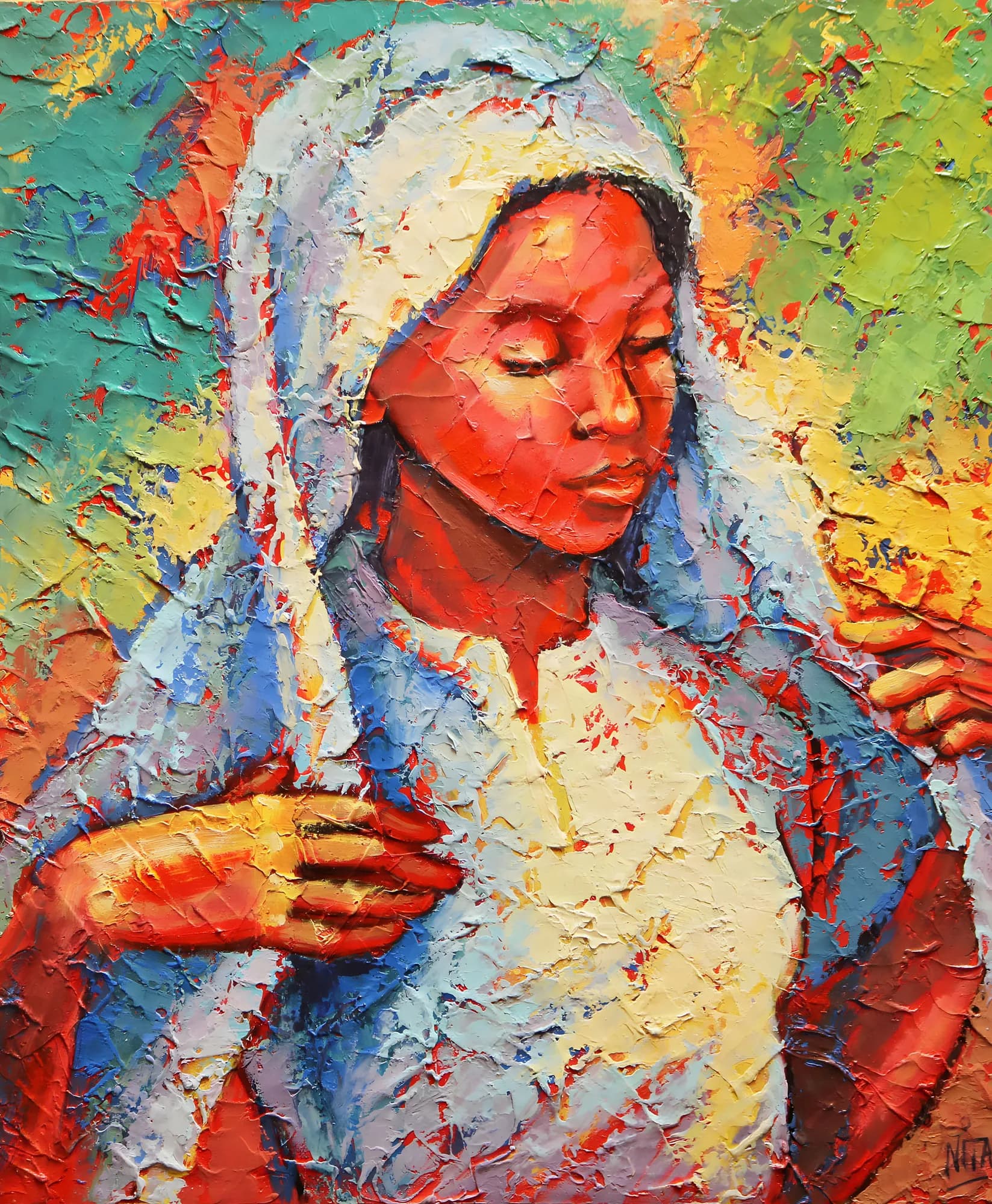 El pañuelo, Huile au couteau sur toile, par Nita Bertaudière