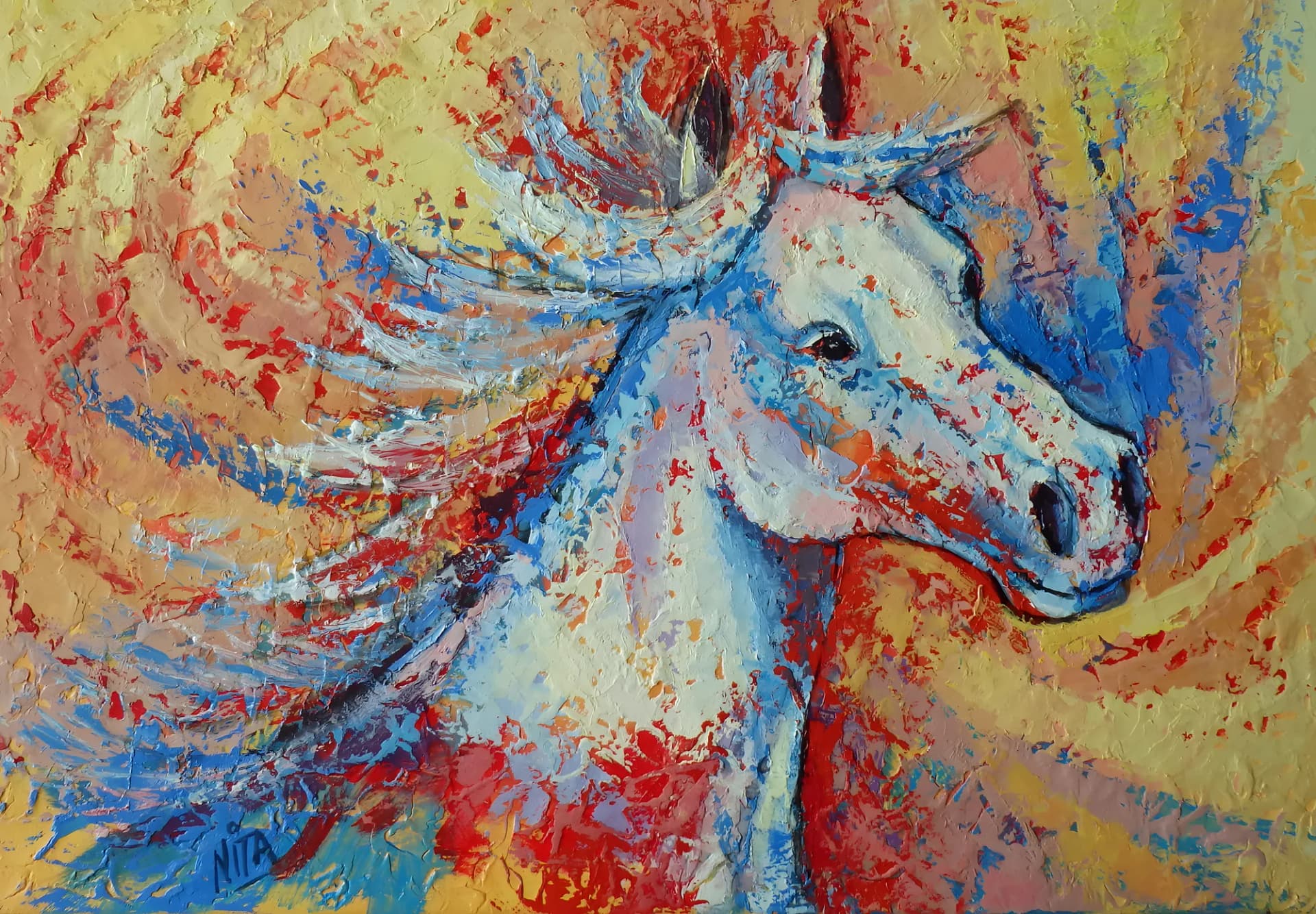 Tête de cheval, Huile au couteau sur toile, par Nita Bertaudière