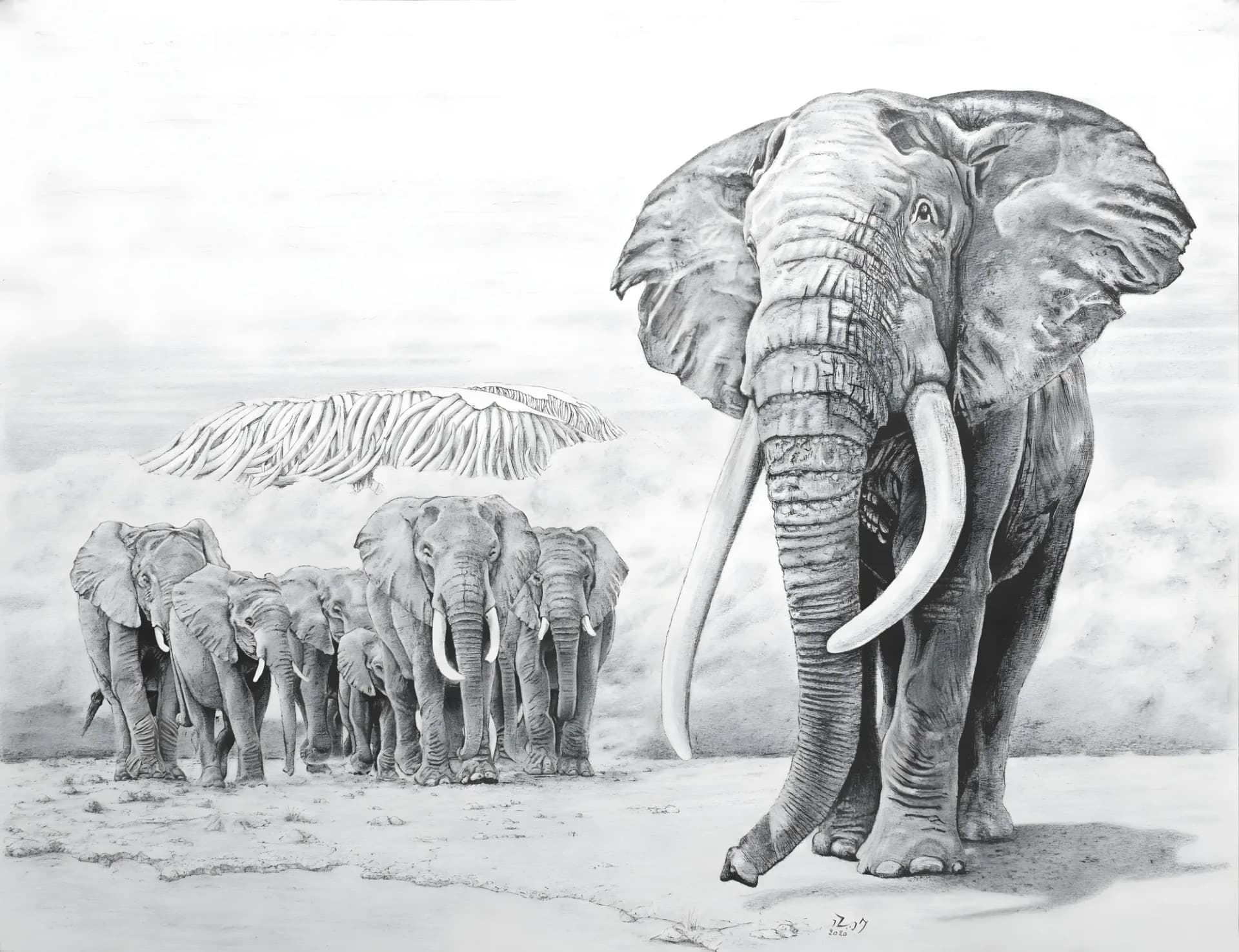 Éléphants, Encre, par Luc Brun Perasso
